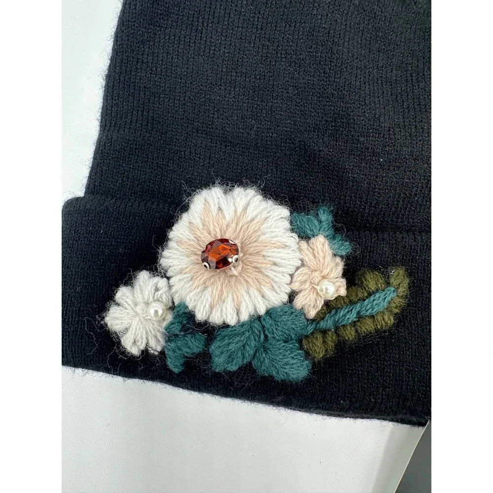 INC International Concepts Beanie Womens OS Black NEW Floral Embellished Jewel
